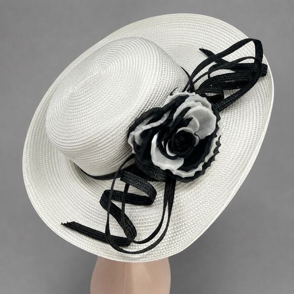 Y2K Giovannio Ivory Wide Brim Derby Hat Black White Flower Wedding Hat main image 5